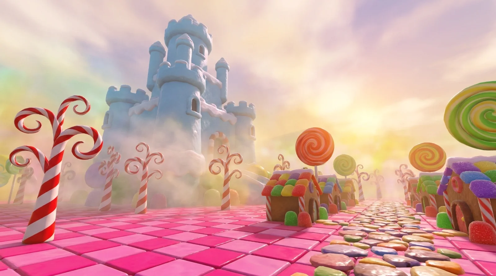 Candy Land — pink candy kingdom with pale blue castle