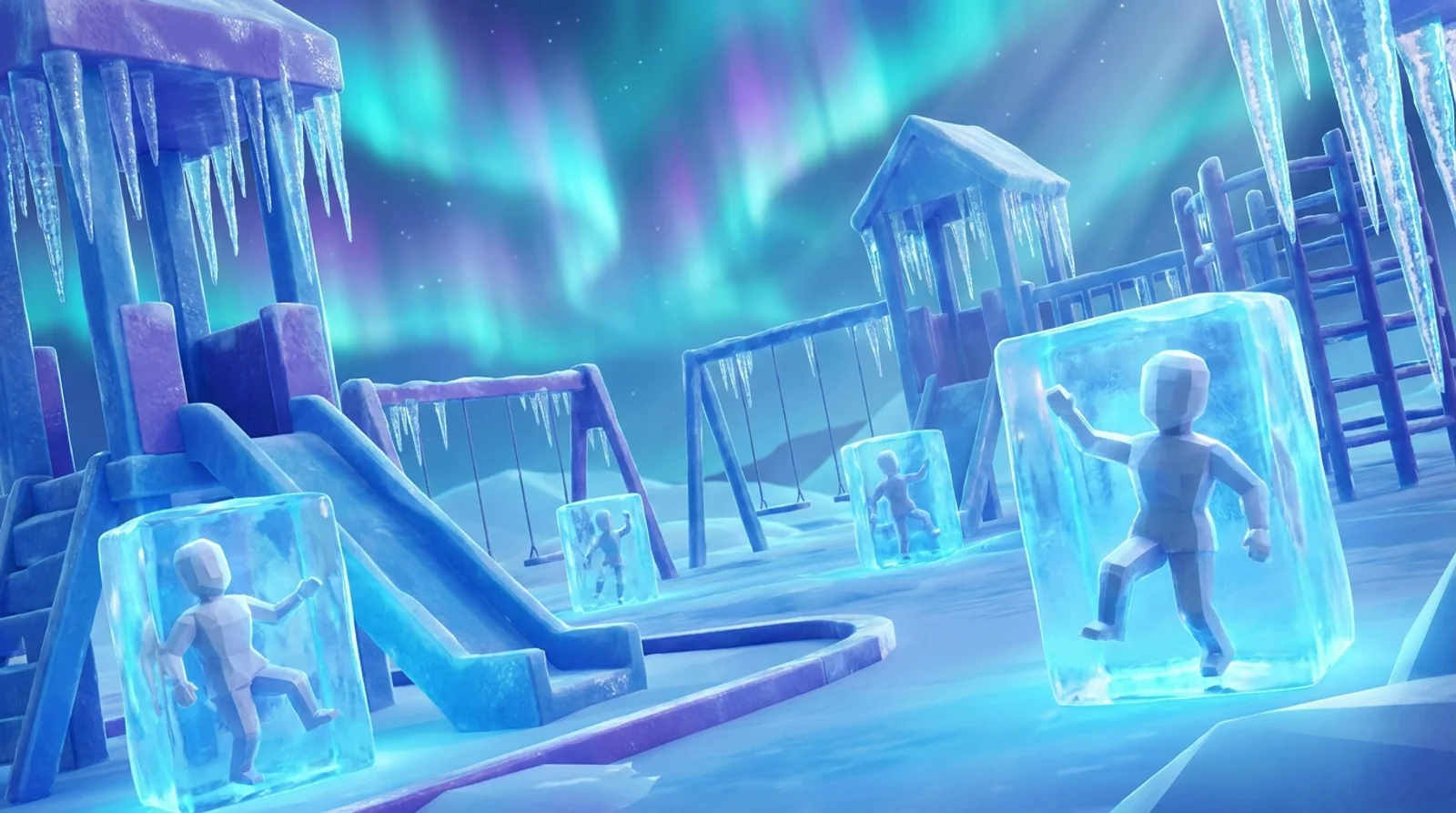 Freeze Tag — playground frozen in blue ice under an aurora
